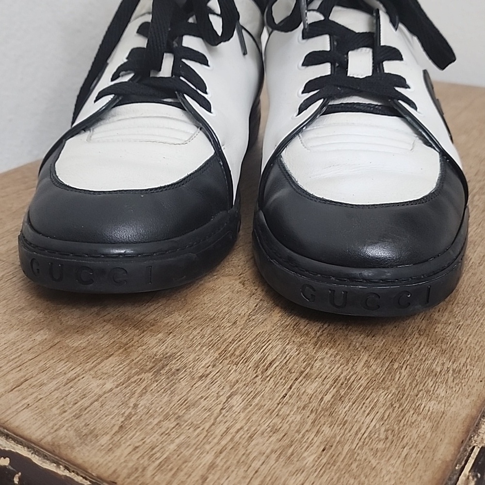 GUCCI Men's Black and White Leather GG Interlocking Logo High Top Sneakers Sz11 - Picture 13 of 14